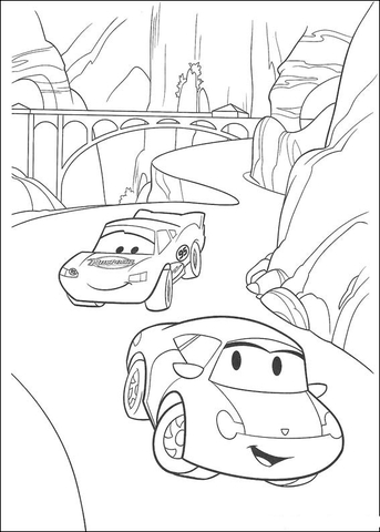 Bridge Behind Mcqueen Riding On A Steep And Curvy Road Coloring Page